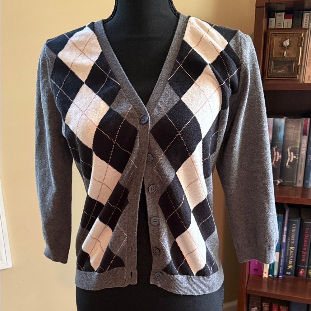 KORS Michael Kors Gray Argyle Button-Front Cardigan